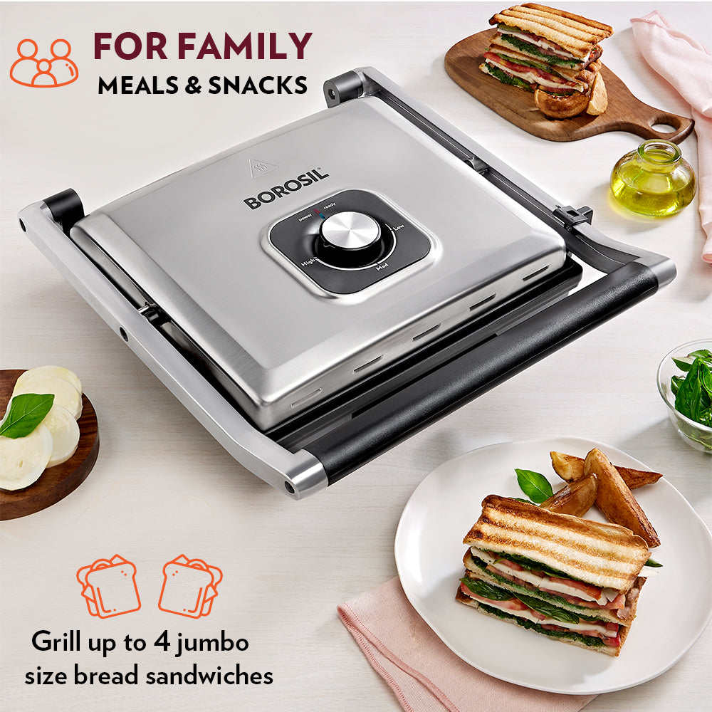 Buy BOROSIL SuperJumbo 2000W 4 Slice Sandwich Maker with Oil Drip Collector Tray Silver Online Croma